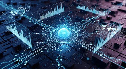 A glowing blue sphere surrounded by data visualizations and circuit board connections on dark surface
