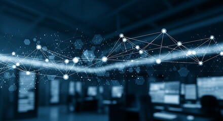 Abstract network connection with dots and lines over blurred office environment background design concept