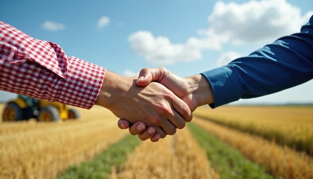 Farmers shake hands in a wheat field with a tractor in the background. This image symbolizes agribusiness partnership, investment, and successful deals in the agricultural market.