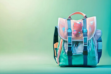 Colorful, modern backpack with pastel colors and unique design elements.