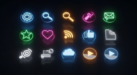 Neon icons glowing on a black background representing various functions and applications online
