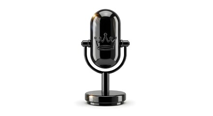 Sleek Black Glossy Retro Microphone with Crown Logo, Isolated on White