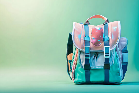Colorful, modern backpack with pastel colors and unique design elements.