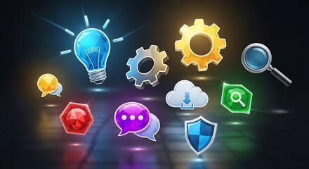 Collection of colorful cartoon style icons including a lightbulb and gears on a dark background