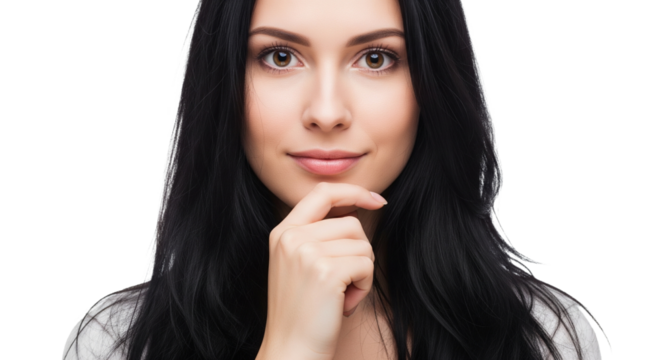  Schwarzhaarige  Frau – Hand am Kinn,  transparenter Hintergrund, PNG