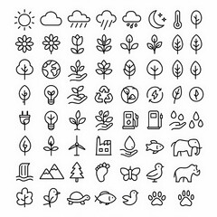 A set of simple, black and white icons representing various plants, flowers, leaves, and nature elements.