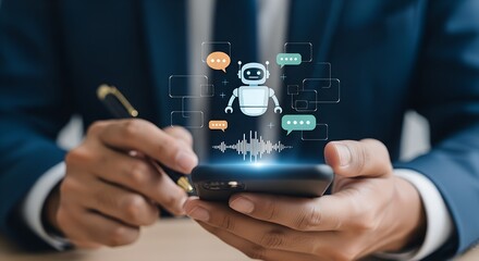 Businessman interacting with a futuristic ai chatbot interface projected from a smartphone screen