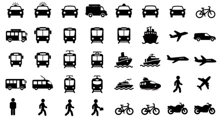 Fototapeta premium A collection of transportation icons in vector format, including cars, buses, trains, planes, ships, bicycles, and pedestrians, suitable for website and app design.