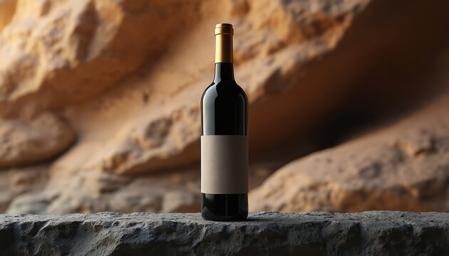 Elegant wine bottle mockup set against textured rocky background. Minimalist product photo features dark glass bottle with blank label, golden neck, perfect for premium beverage branding, winery