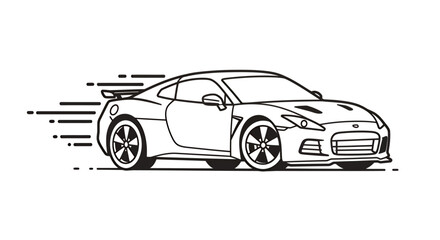 Naklejka premium A sleek, black and white line art vector illustration of a modern sports car speeding forward with dynamic motion lines, isolated on a clean background.