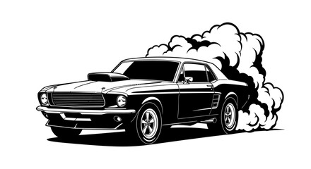 Vintage muscle car performing a burnout with thick smoke billowing from the tires, rendered as a dynamic black and white vector illustration.