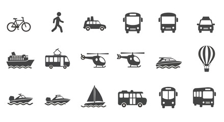 A detailed vector graphic showcasing various modes of transportation, including cars, buses, boats, and aircraft, rendered in a clean, modern style for versatile use.