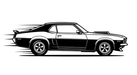 A dynamic vector illustration showcases a classic muscle car in motion, rendered in striking black and white, perfect for design projects and automotive themes.