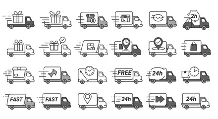 High-quality vector PNG icons of delivery trucks, perfect for e-commerce, logistics, and shipping websites or applications, showcasing fast and reliable delivery services with various designs and