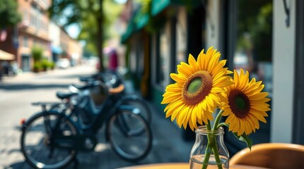 Two sunflowers in a glass jar on a table outside with bikes parked and shops lining a street in the background