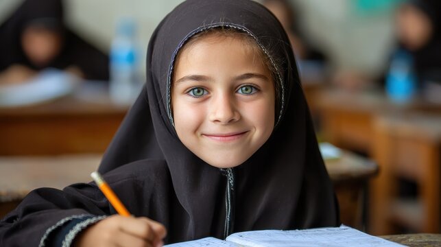 happy young smiling girl wearing hijab and looking at camera while sitting at desk with exercise book elementary muslim schoolgirl writing notes in classroom portrait of arab school girl in chador no