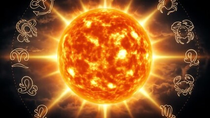 A radiant sun surrounded by zodiac symbols against a cosmic backdrop. - Powered by Adobe