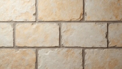Fototapeta premium Beige stone wall tiles present even texture in frontal view. Rectangular natural blocks form sturdy, modern architectural surface with clean lines, seamless, geometric arrangement. Neutral colors,