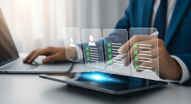 Businessman analyzing financial data with holographic charts and graphs on a tablet and laptop