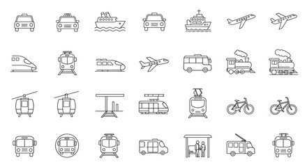 A collection of clean, modern line art icons representing various modes of transportation, perfect for digital use and design projects.