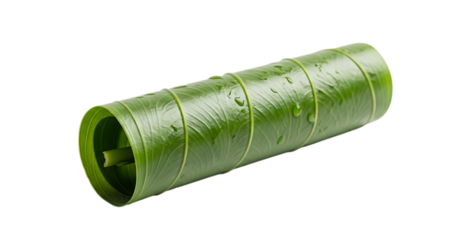 Closeup of a vibrant green banana leaf roll, isolated on transparent background, showcasing its natural texture, tropical essence, and fresh organic pattern for a healthy lifestyle