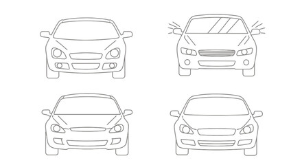 A collection of four distinct minimalist line art vector illustrations showcasing the front view of various modern cars, isolated on a clean white background.