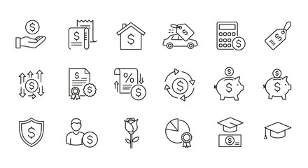 Fototapeta premium A collection of financial and economic icons, including money, bills, a house, a car, and a calculator, presented in a clean, minimalist style, suitable for various business and finance-related