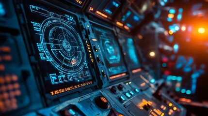 Fototapeta premium Operating Futuristic Spaceship Control Panel with Glowing Display Screens