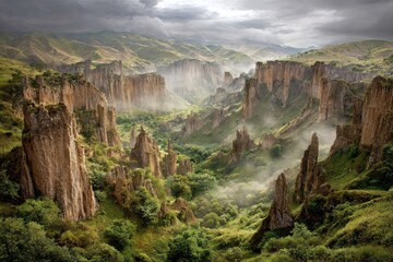 Dramatic valley with towering rock formations and lush vegetation