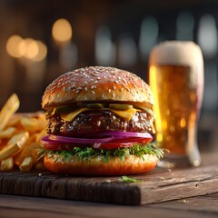 Gourmet Burger with Fries and Beer