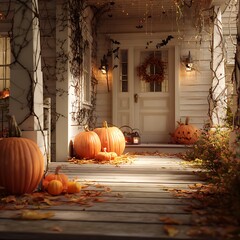 Halloween Pumpkins on Porch	