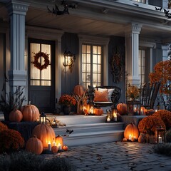 Halloween Pumpkins on Porch	