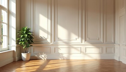 Bright elegant room interior featuring panelled walls and herringbone parquet floor. Sunlight streams through large window casting soft shadows from potted green plant onto floor and wall panels.