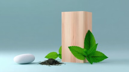 Cube showcase featuring tea and stones, ideal for herbal promotions and minimalist design