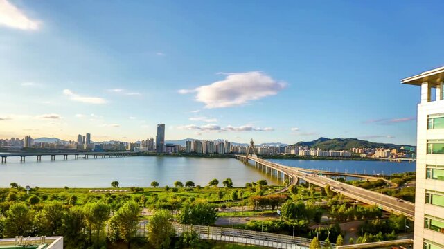 Seoul skyline with han river and bridges in south korea on a sunny day