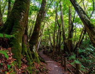 Obraz premium Lush forest path winding through mossy trees