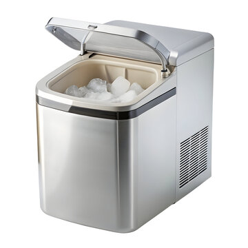 Silver ice maker with ice cubes isolated on a transparent background