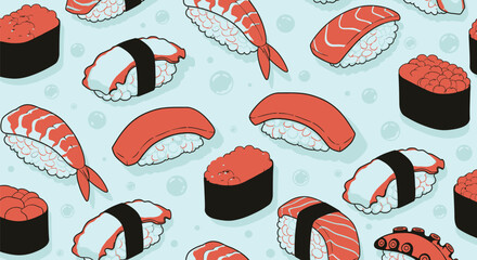 Vector art of seamless pattern of various sushi dishes including nigiri, maki, and sashimi, featuring salmon, tuna, shrimp, and octopus on a light blue background with bubbles