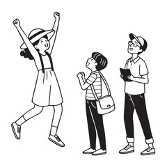 Cartoon illustration of children looking up at a girl jumping in the air