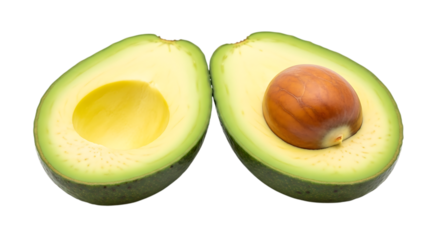 Two avocado halves, one with a seed, isolated on transparent background, highlighting the creamy texture and the rich, nutty flavor of this nutritious and versatile fruit