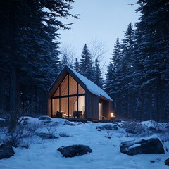 Winter Cabin in Snowy Forest	