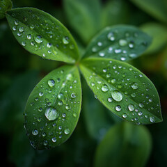 Close-up of fresh green leaves covered in sparkling raindrops, showcasing natural purity and vibrant detail in a lush, blurred background