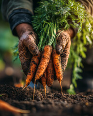 Close-up of a farmer’s muddy hands holding freshly harvested carrots with vibrant green tops, in rich dark soil