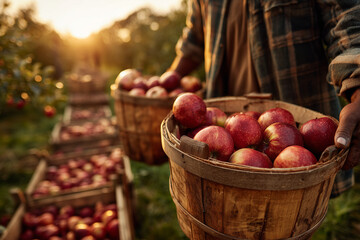 Farmer holding a wooden basket full of ripe red apples in an orchard at sunset, symbolizing harvest, agriculture, and organic farming.