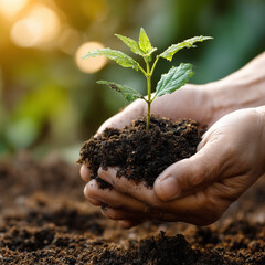 Hands gently hold a small green seedling in rich soil, symbolizing growth, care, and environmental protection, with warm sunlight in the background