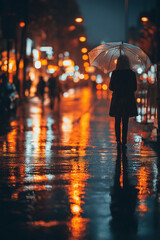An autumn evening when it's raining lightly and people are walking with umbrellas.
