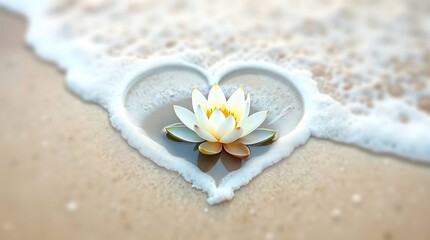 Serene white lotus flower in heart-shaped wave on sandy beach, photo