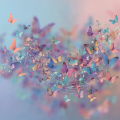 Beautiful wallpaper with butterflies flying on a musical note