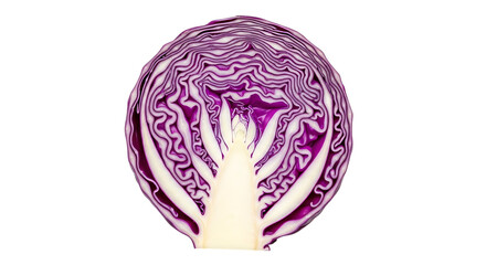 Fototapeta premium Detailed crosssection of a red cabbage isolated on transparent background, showcasing the vibrant purple hues and intricate patterns, perfect for culinary and healthrelated visuals