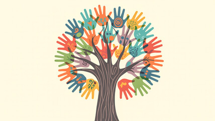 Naklejka premium Colorful hands forming a tree with patterned leaves illustration